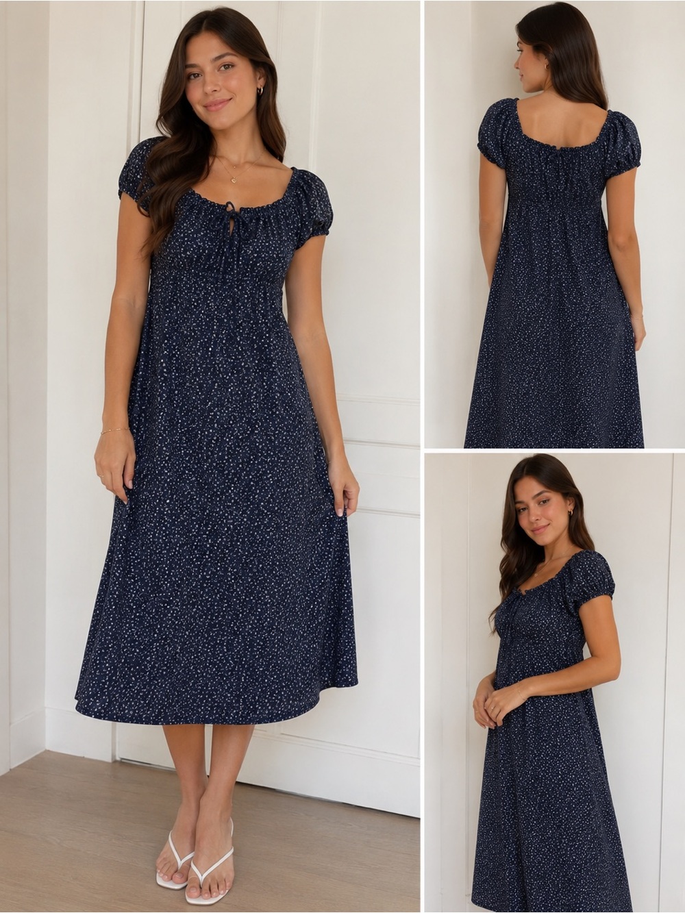 VINTAGE Navy Puff Sleeve Midi Dress with Tie Neck